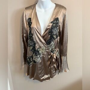 b. Boutique by Evergreen Bronze Satin Floral Applique Wrap Top NWT, Size S